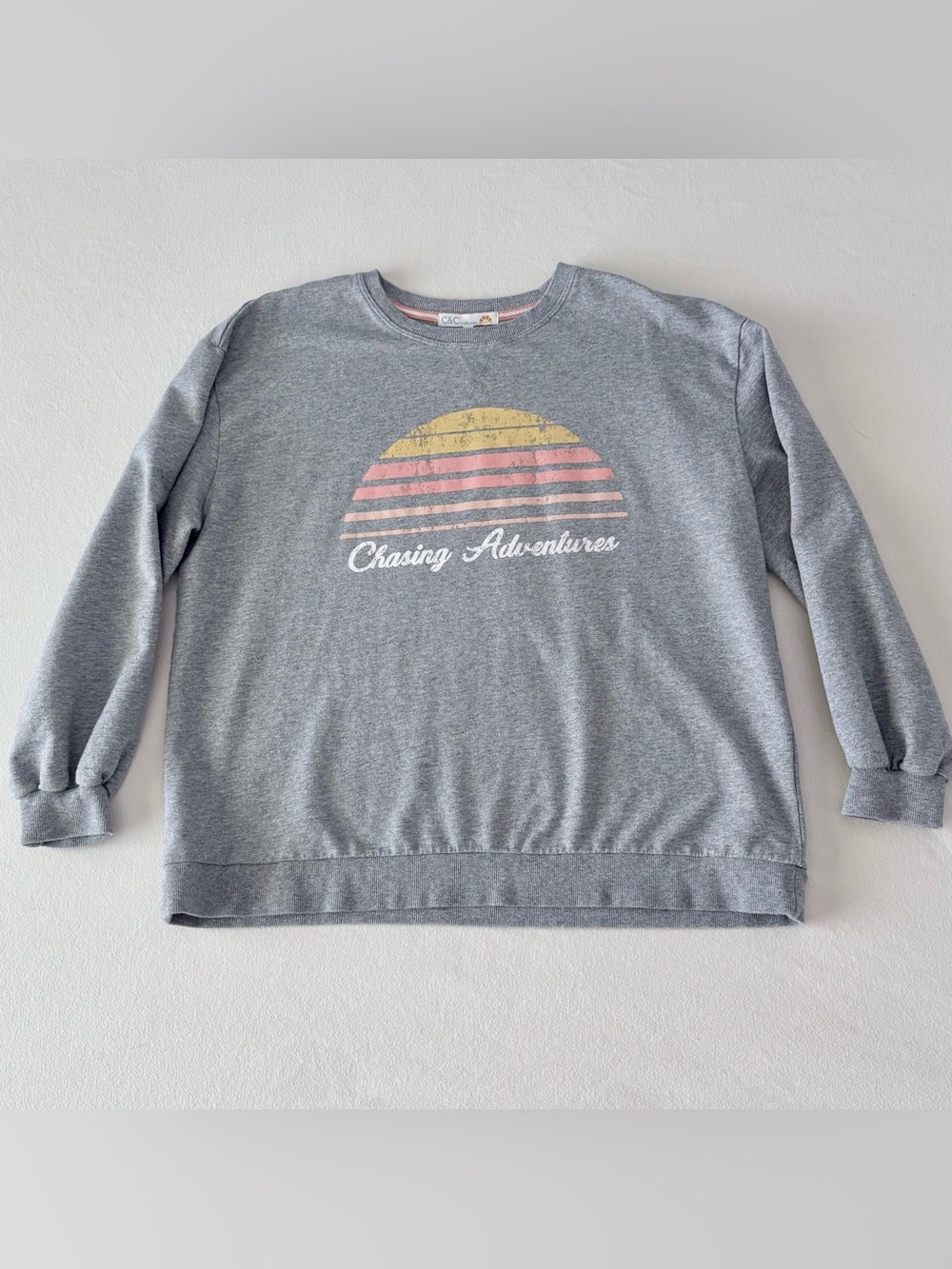 C&C California Chasing Adventure Graphic Sweatshirt Grey L EUC